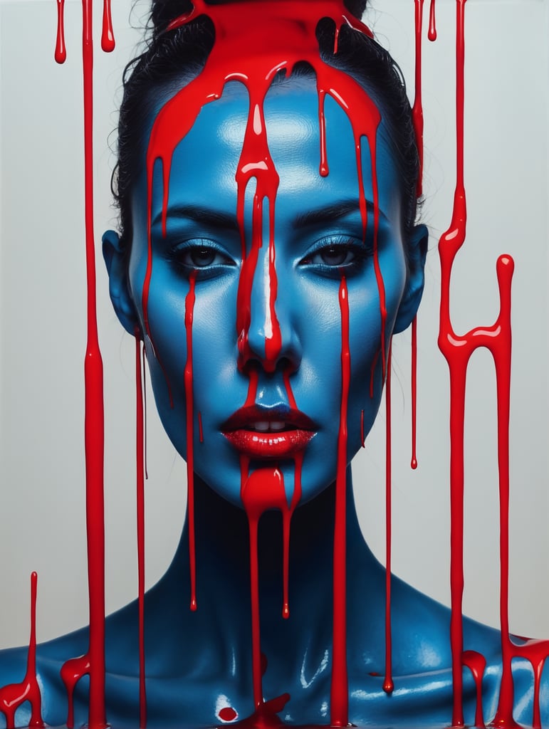 a painting of a woman with red forks sticking out of his face, dripping in neon paint, surreal blues and red, by Antoni Pitxot, neon paint drip, neon, dripping paint, face melting, melting and dripping. eerie, inspired by Nick Gentry, inspired by Roberto Parada, (((red))), blue, inspired by Antoni Pitxot