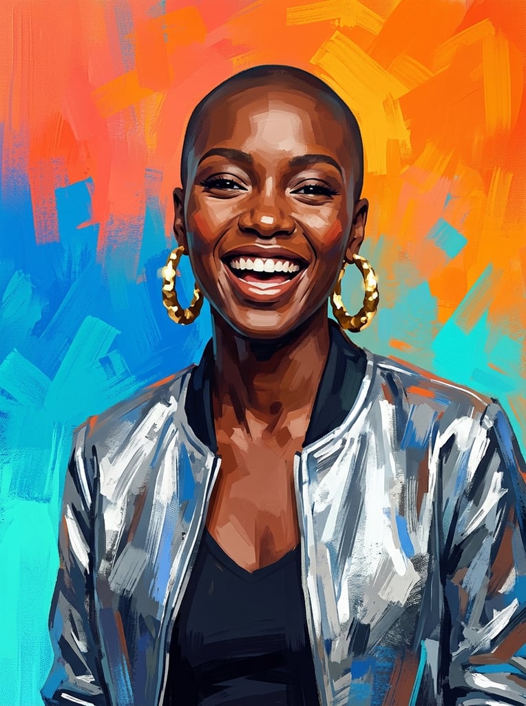 stylized portrait, young woman with shaved head, wide joyful smile, metallic silver jacket, large gold earrings, vibrant blocky brushstrokes, digital painting, bright orange and blue gradient background