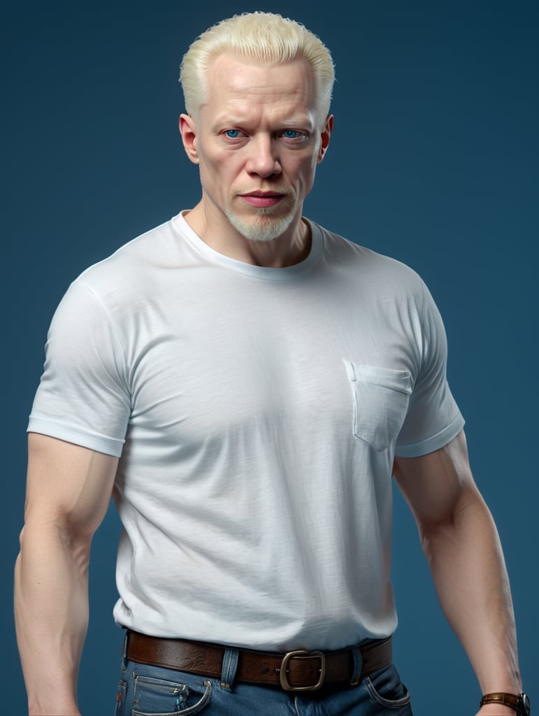 A middle-aged albino man wearing a white T-shirt, isolated, blue background, mockup, mock up