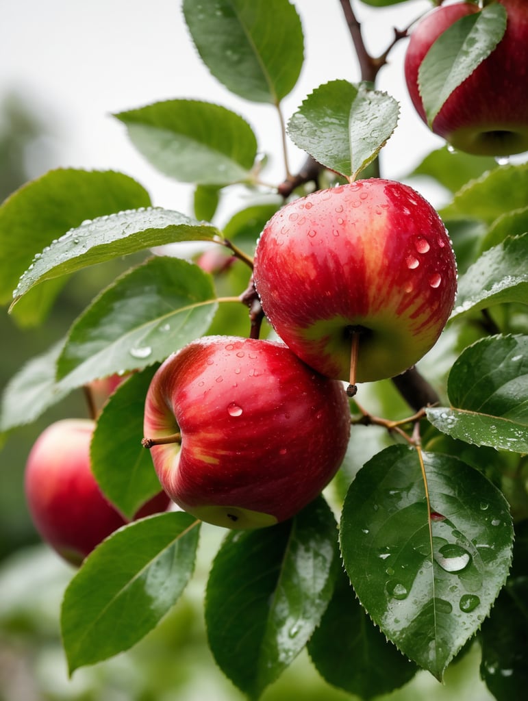 red apple with water drops on white background green leaves around closeup