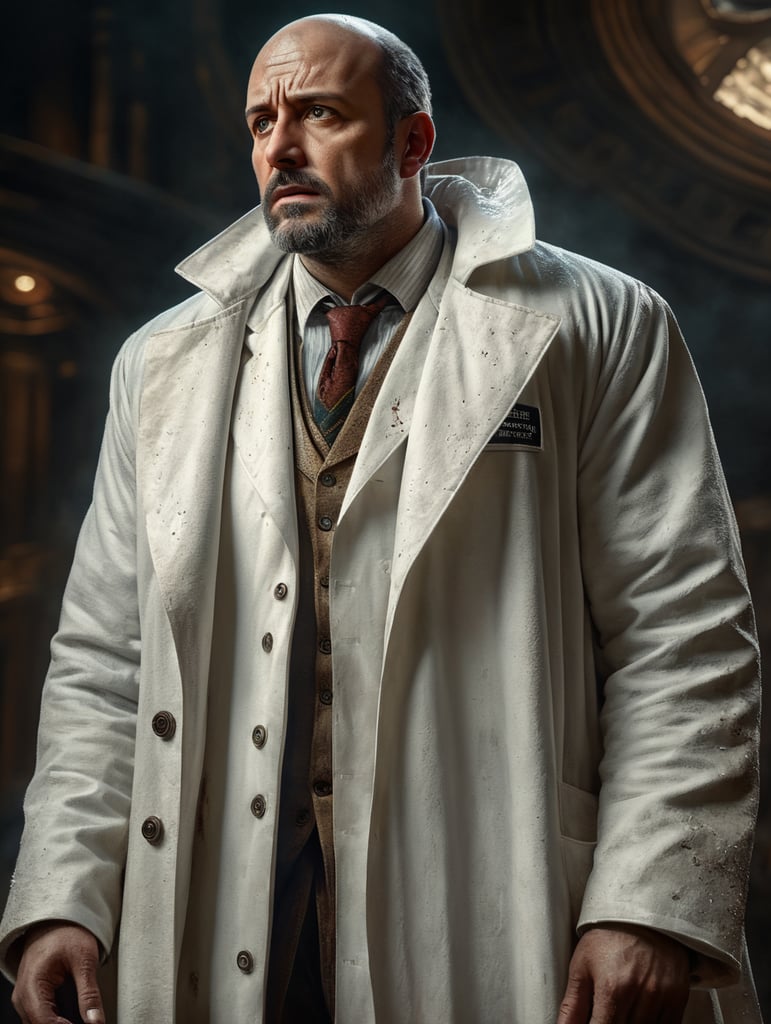 a doctor, thoughtful and worried, with his head up and looking up, wearing a dirty white coat, wide and profile view