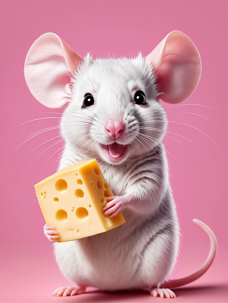 cute pink rat holding a cheese