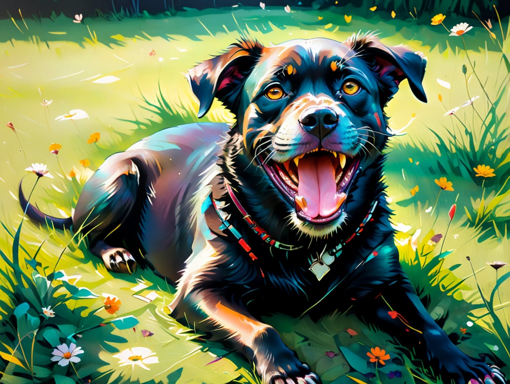 Black dog lying on it’s back on grass, happy, tongue out, Sunny day