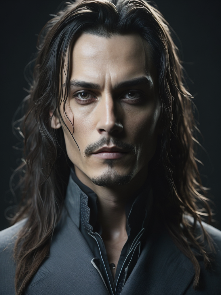 Portrait of Johnny Depp as Count Dracula, majestic look, long hair, he wears 18th-century style clothing, dark background, contrasting light, detailed face, muted tones