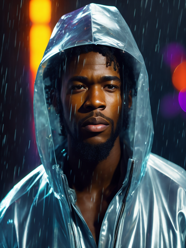 a black man wearing ((transparent raincoat)), under the rain, ultra realistic, neon lights