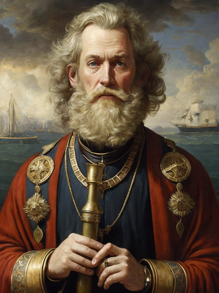 Portrait of a Russian navigator living in the 1400s, Afanasy Nikitin, fair-haired curly beard, blond hair, age 60, dressed in a painted caftan, holding a spyglass