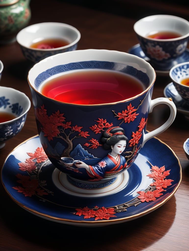 A teacup with delicate porcelain, inspired by Japanese ukiyo-e woodblock prints, featuring vibrant indigo and crimson hues, depicting a serene geisha pouring tea into the cup, evoking a sense of tranquility and grace.