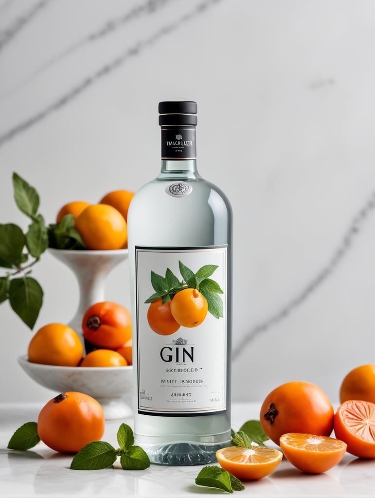 professional photo of a gin bottle on a white marble table surrounded by lemons, persimmons and mint, natural light