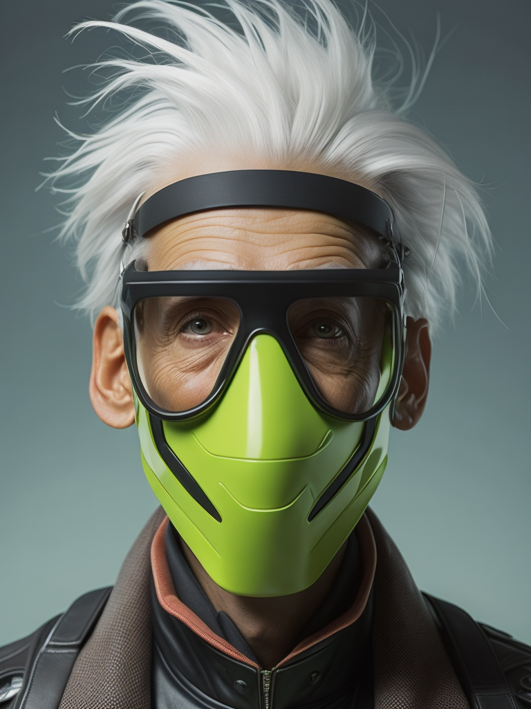 a gnome from fairytale 76 years old wearing a neon green helmet dressed in athletic clothing and glasses, in the style of futuristic glam, retro futurism, neon green clothing, glasses without color, clear glass, long white hair, teal background, mike campau, anton fadeev, high gloss, mono-ha