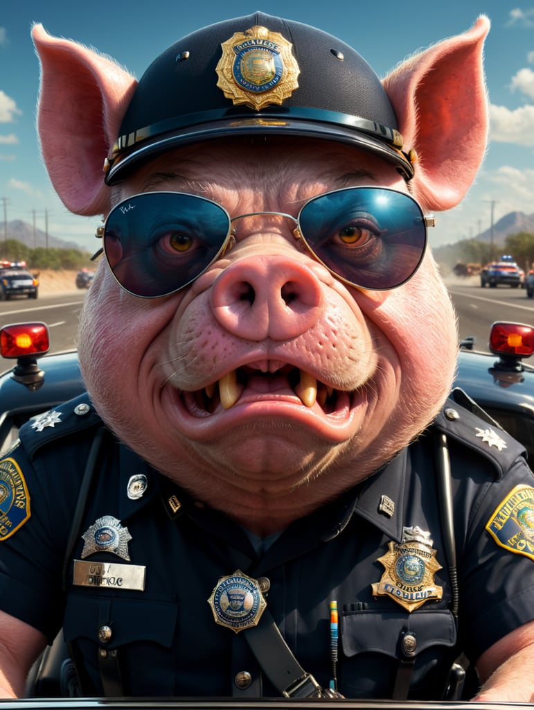 A angry pig police officer, sitting behind the wheel of a police car, close-up shot, sunglasses, clipart, stock photo