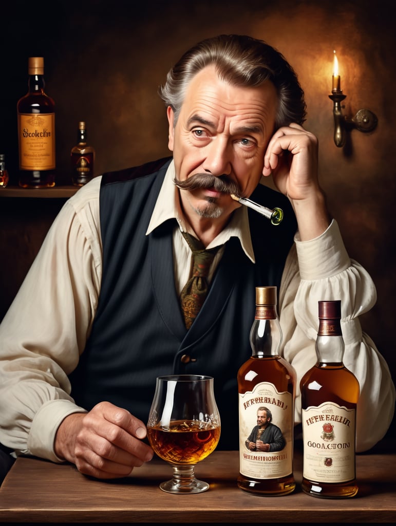 A 60 year old man with brown hair, a moustache and goatee admires a bottle of scotch whisky. In the style of Rembrandt, hyperrealistic, high resolution, detailed, antique painting, medieval.