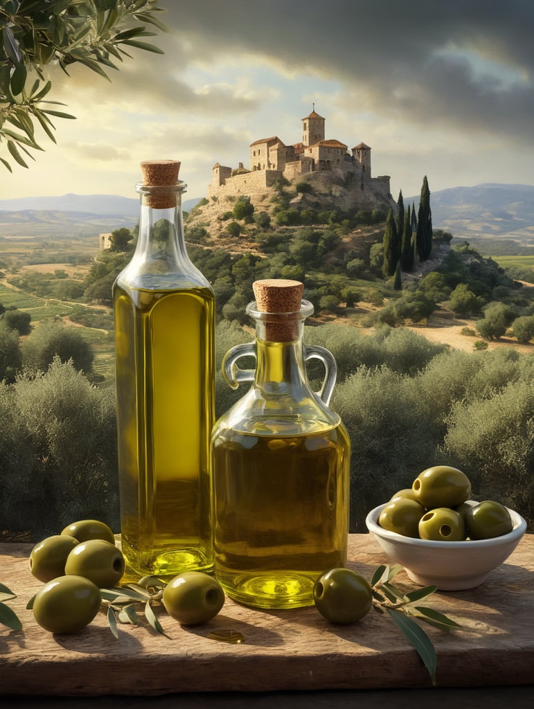 olive oil scene. green olives without holes drizzled with oil and clear bottles of olive oil. The olives should have the right texture, with the backdrop of an olive field and an ancient castle on the horizon.