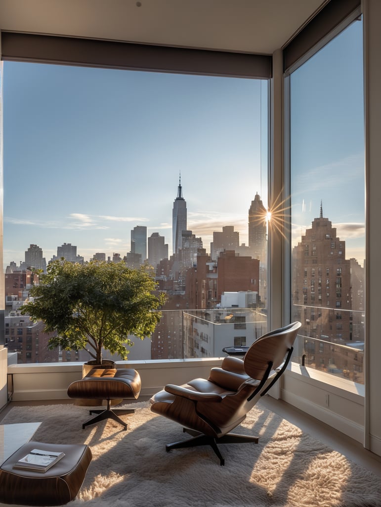 corner window of a understated luxury apartment, morning, sunrise, golden hour, calm feeling, coffee, modern brazilian lounge chair, light rug, soho new york view, playground view, a couple of trees, buildings in the view 5 stories tall.