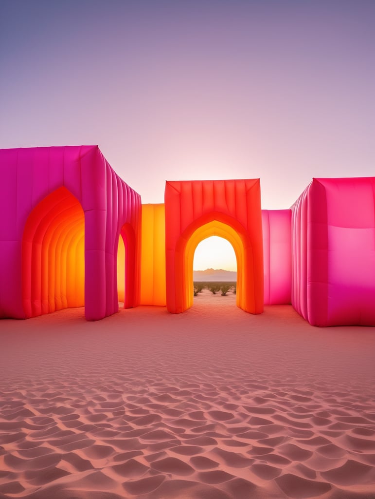 4 prismas inflables en medio del desierto inspirados en la arquitectura de Luis Barragán, con colores vibrantes y degradados.