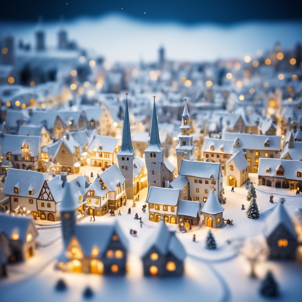 tilt shift photography of a Christmas medieval fantasy miniature city, depth of view, sunny, at night, snowy weather