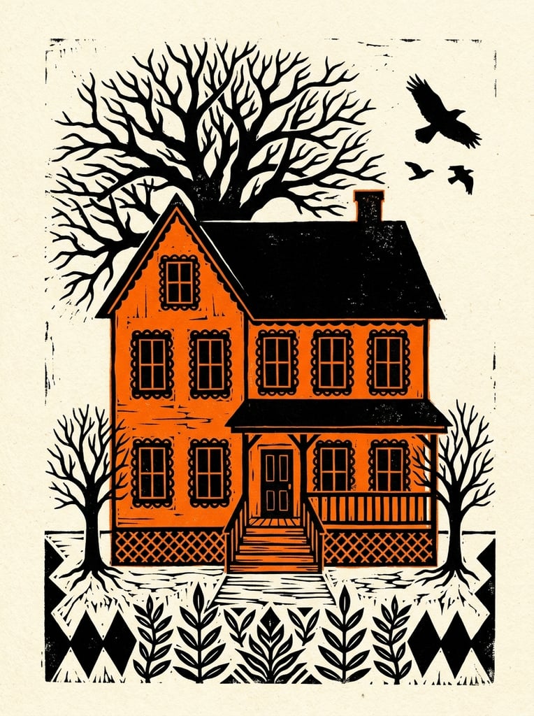 A linocut block print of a three-story house in high-contrast black and vivid orange on a cream background. The vivid orange walls feature black paned windows with scalloped trim, anchored by a solid black roof, porch overhang, and lattice base. A massive, bare-branched black tree silhouette rises behind the roofline into the cream sky, alongside three flying black birds. Two small leafless trees flank the central steps, resting above a geometric bottom border of jagged black diamonds and stylized plants. The illustration showcases bold, flat shapes and rustic hand-carved textures.
