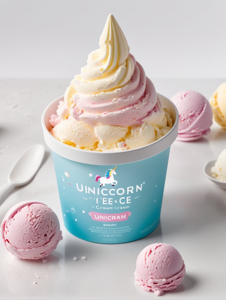 A layout of a packaging for a container of unicorn ice cream. young people