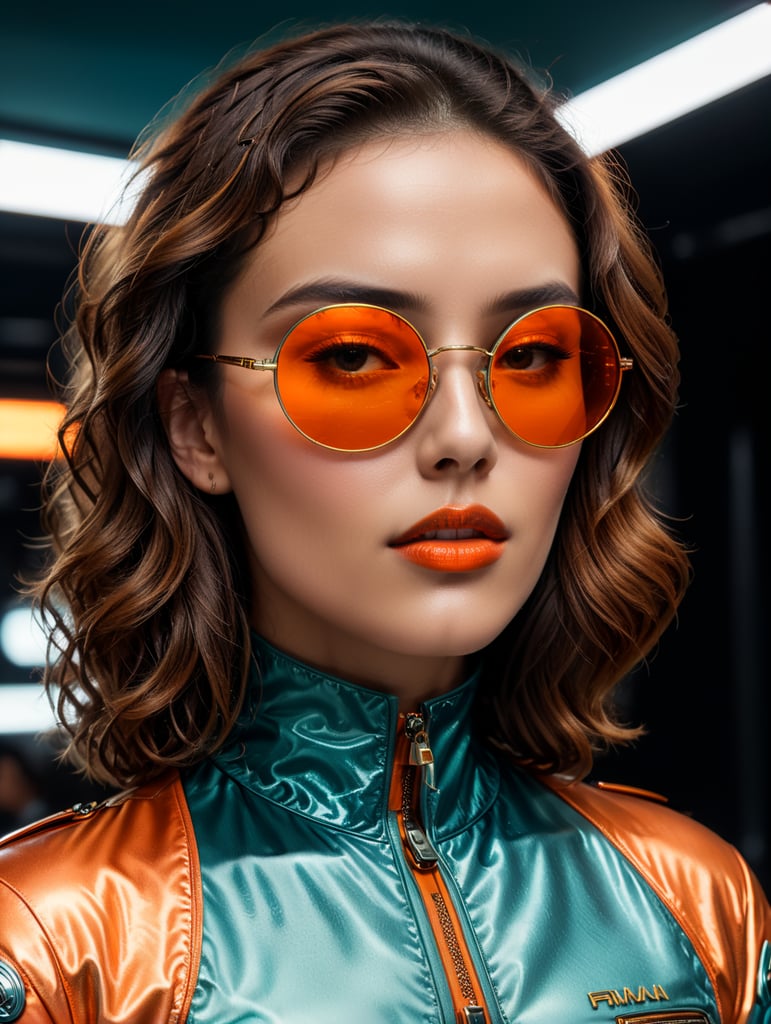 Envision a world where the blend of vintage glamour and ultramodern aesthetics coexist. Dive deep into a color palette dominated by electric teal and fiery orange, where the hues don't just complement, but amplify each other. The subject is a figure of undeniable style and sophistication, reminiscent of a retro diva, but adorned with the trappings of a futuristic realm. Key elements: Hair: Voluminous, curly, and dyed a radiant shade of neon orange that seems to emit its own light. It should stand in stark contrast to the rest of the surroundings. Eyewear: Oversized sunglasses with a reflective teal lens, edged with a metallic frame. The design is sleek, bold, and evokes the sense of advanced technology. Attire: A glossy, skin-tight jacket in a shade of muted gold or mustard. This garment should exhibit a blend of past and future fashion, a statement of class, and cutting-edge design. Makeup: Ethereal, with metallic lips that match the jacket and teal eyeshadow to mirror the sunglasses. The skin should have