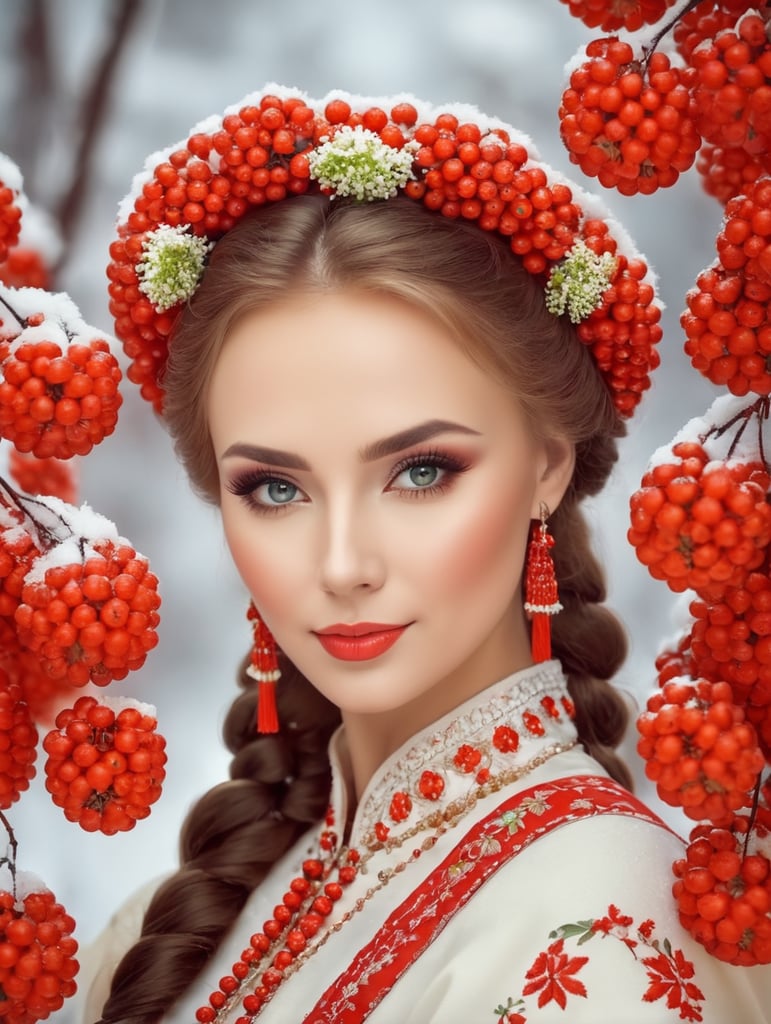 Portrait of a Beautiful women from Russian fairy tale wearing traditional costume around bunches of rowan