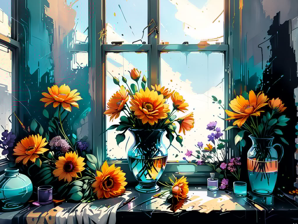 много букетов цветов. Большие окна. Отражение. Блики