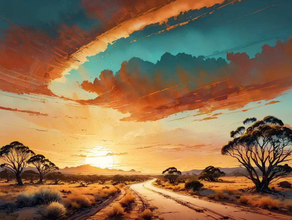 In the soft, golden light of a sunrise, the vast Australian outback. Below, a winding dirt road stretches into the distance, leading to new adventures. symbolizing the unique challenges and beauty of their journey down under as they move to Australia for new challenges.