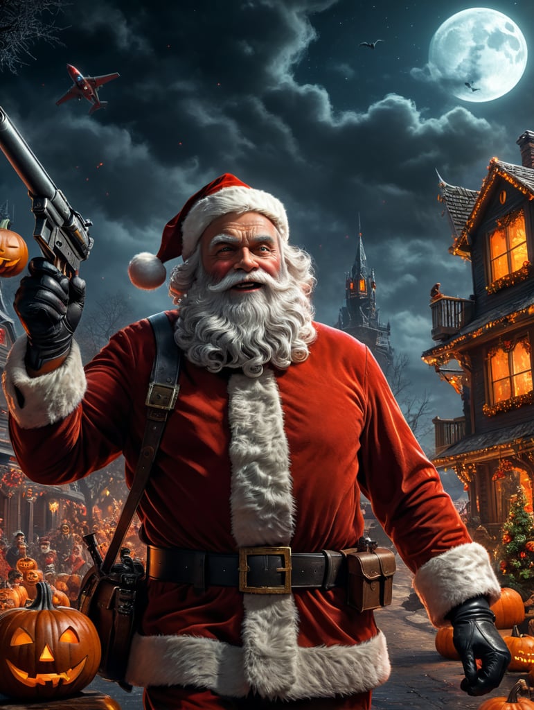 Santa Claus is coming to town, Halloween vibes, rocket gun, dark comic book style