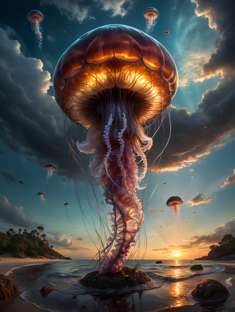 jelly fish in sky on top half, fish on land on the bottom