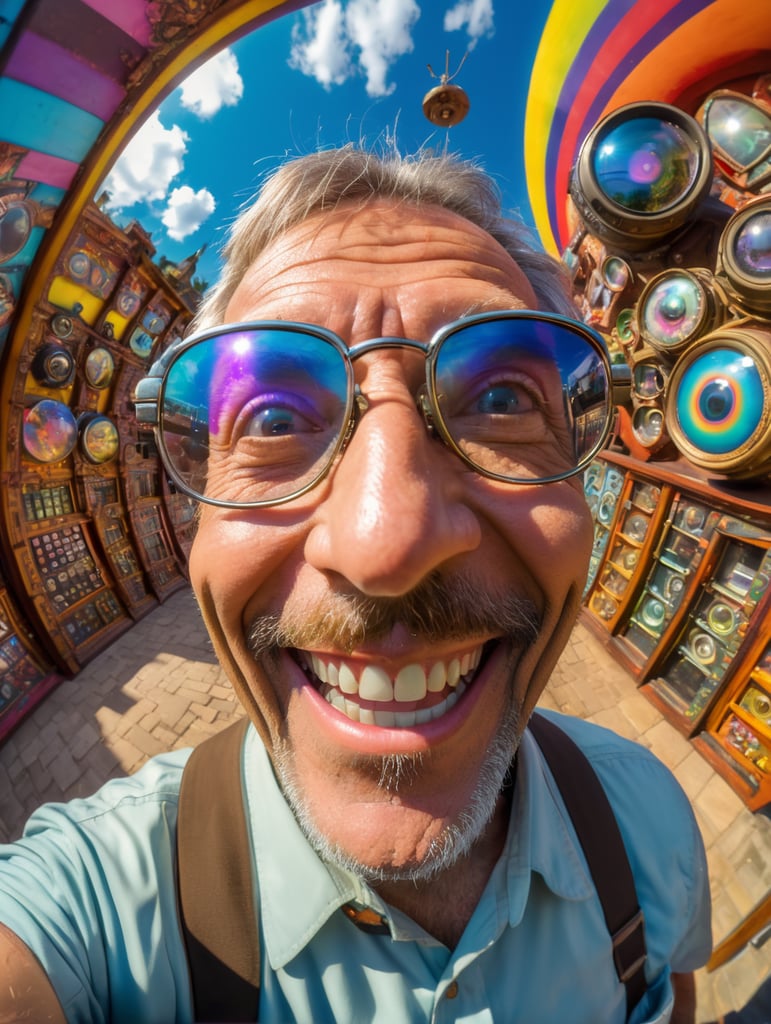fisheye lens, mad professor smiling to the camera showing his time machine in background, buggy eyes, colorful, psychedelic