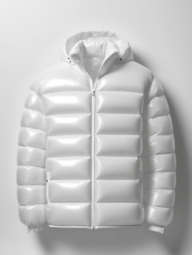 Inflatable white minimalist man's puffer jacket, transparent, isolated, grey background, mockup