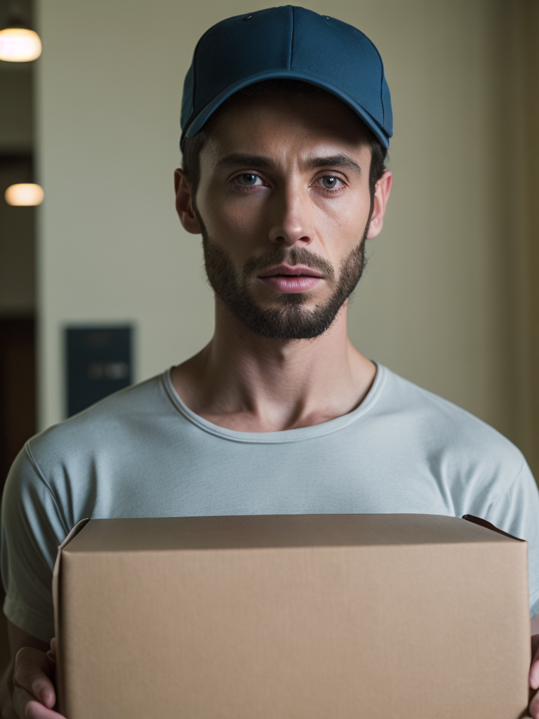 portrait of a delivery transgender, wearing a white cap and white t-shirt, holding a box