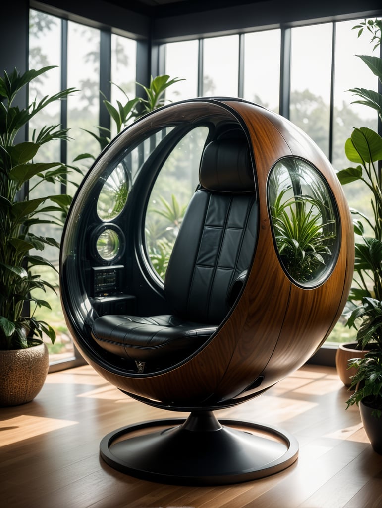 Futuristic sci-fi pod chair, flat design, product-view, exclusive photography, transparent orb, natural lighting, plants around, natural daytime lighting, natural wooden environment