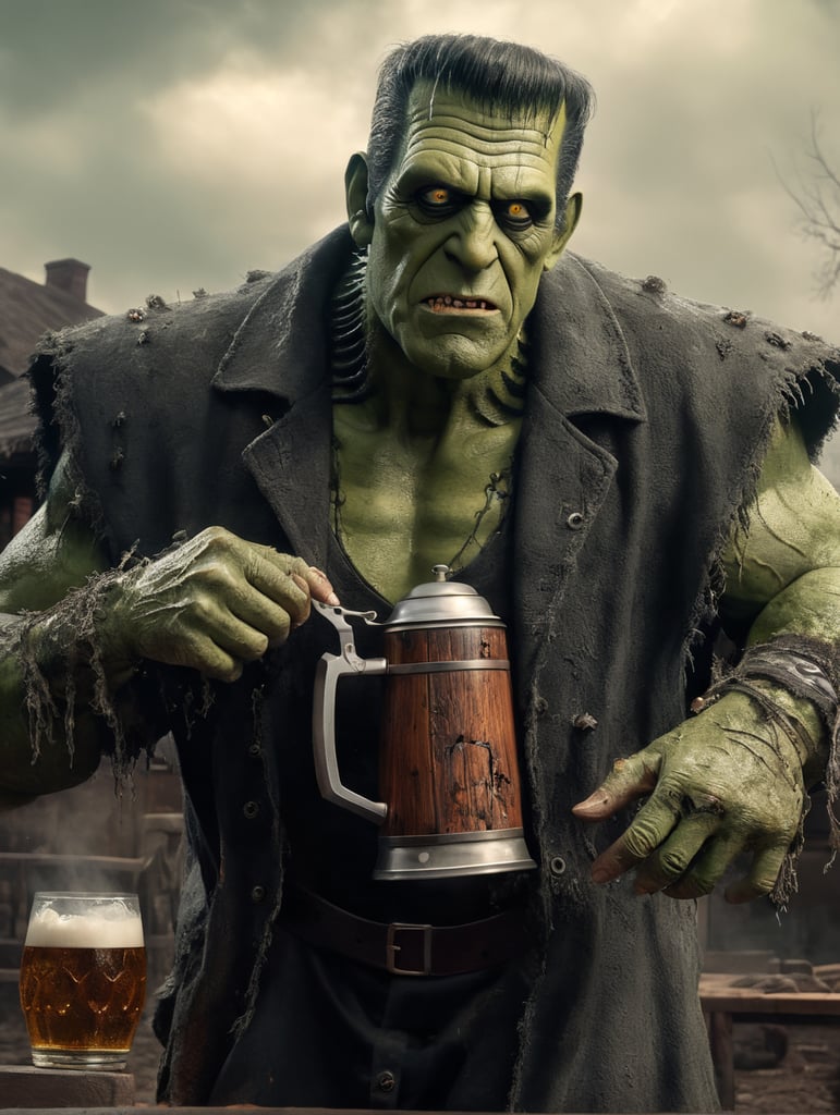 herman munster as Frankenstein's Monster, Green Skin, muted color palette, atmospheric, creepy, intricate detail, reanimated corpse, scar tissue, decomposing, starring eyes, horror, horrific, bolts sticking out of sides of neck, gangrene, veins, mutilated, stitches on forehead, standing next to barbecue grill outdoors holding a beer stein in one hand