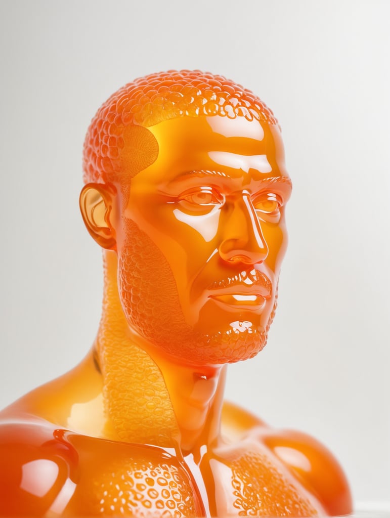 Portrait of a Translucent orange man made from the orange fruit, organs are visible through the jelly