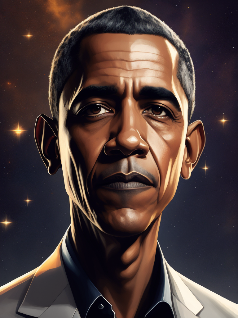 Barack Obama, Hero portrait, Illustration, Painting, Fantasy, Sci-Fi, Cover Art, USA , style of Vincent Di Fate