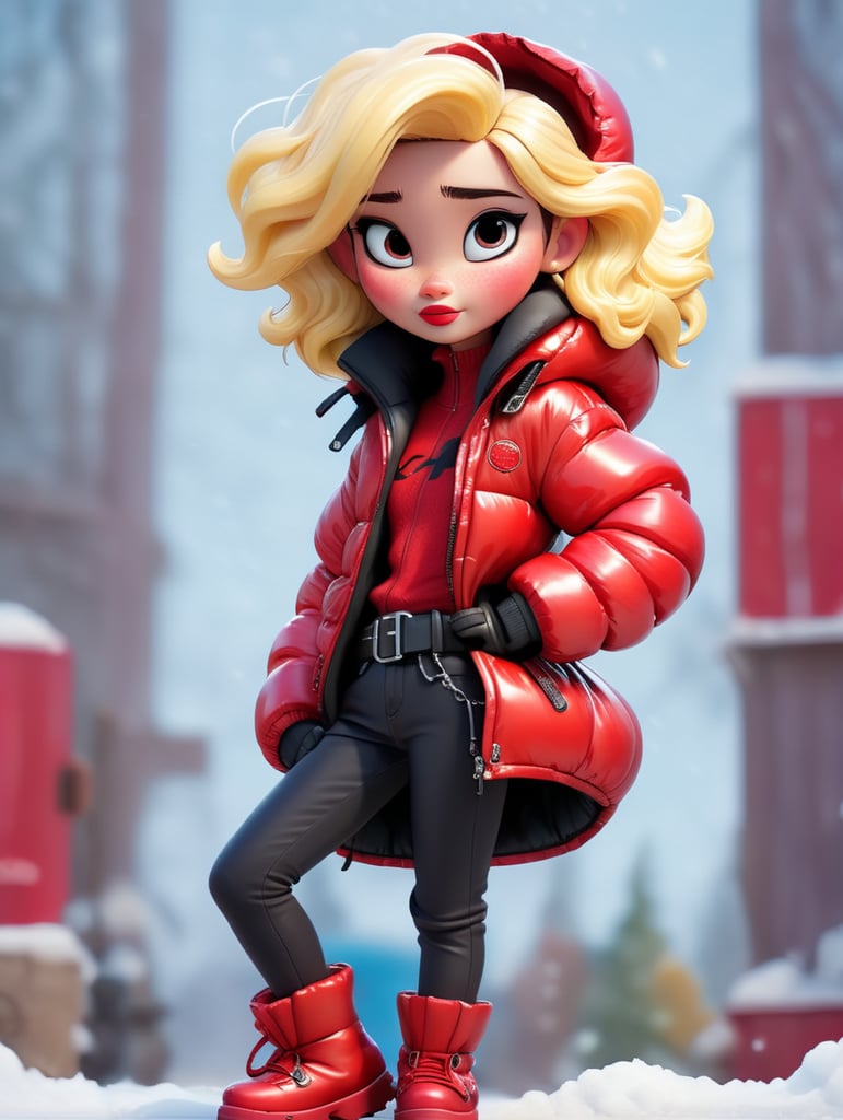 full body girl in a red glossy puffer jacket with bulky belt and massive zipper tab around waist and red glossy down puffer boots