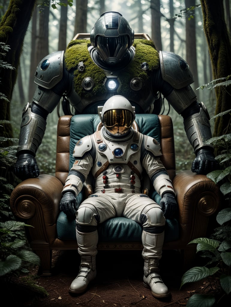 Spaceman sitting on a couch in the middle of a dark forest