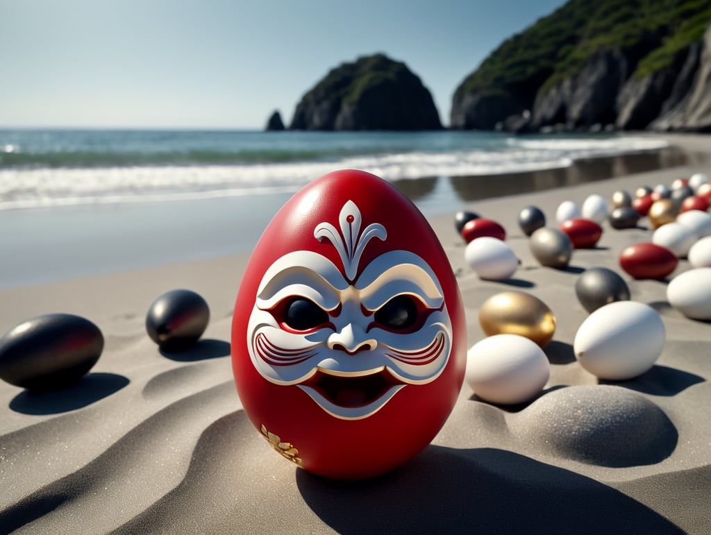 Japanese happy very small daruma figure as an red and white dominated egg with gold. Situated on a beach close to the sea. Left eye has no pupil