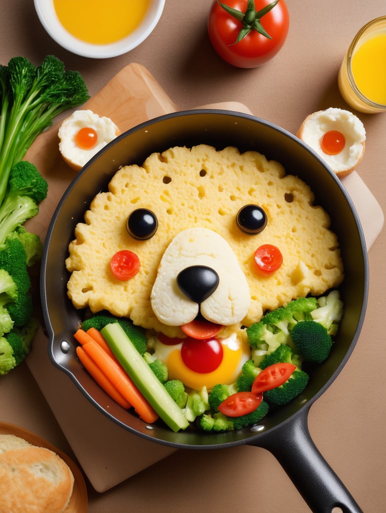 Children's breakfast in a frying pan, bear with ears cut out of a piece of bread dough, eyes consist of scrambled eggs, fresh vegetables, a little ketchup, cute Japanese style, rich texture