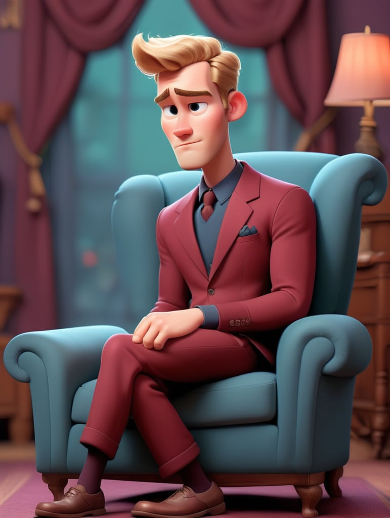 Bel homme européen blond de 25 ans en costume trois pièces de couleur bordeaux assis sur un fauteuil de manière suggestive, manches retroussées, sans chaussures
