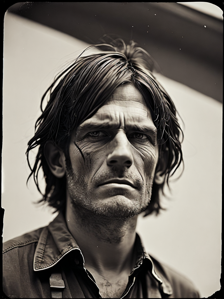 a wet plate photograph of a scary farmer with dark bob haircut, white eye, neutral emotions on his face