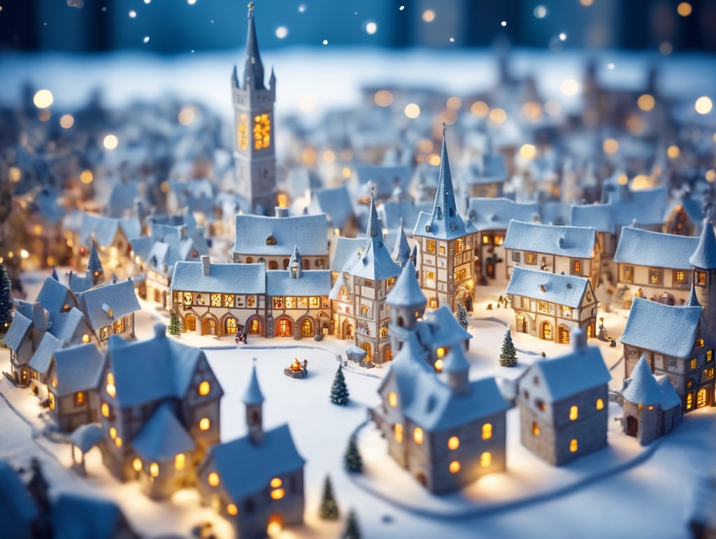 tilt shift photography of a Christmas medieval fantasy miniature city, depth of view, sunny, at night, snowy weather