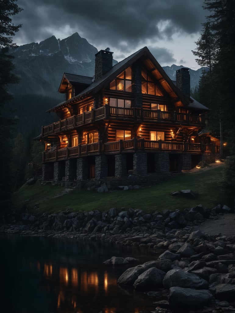 Professional evening photo of a Log mountain house, mountains, lake, forest