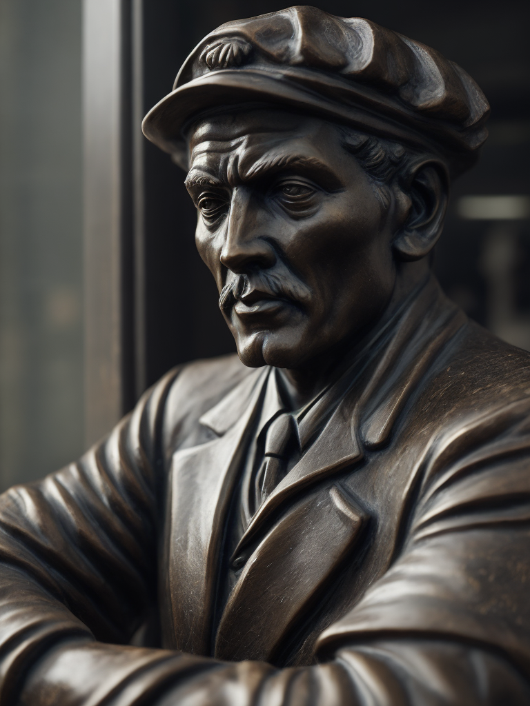 (((black marble statue))) of a english train worker, 1900, dark atmosphere, sharp on details