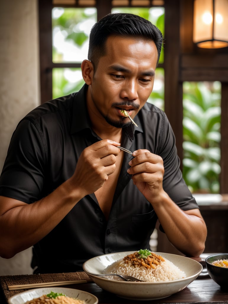 seorang lelaki melayu sedang makan nasi. berbaju warna coklat dan hitam