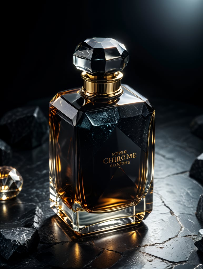 professional photography of a luxury perfume, square chrome bottle, faceted black stone in the form of a cap, in the space, no label, clear, mockup