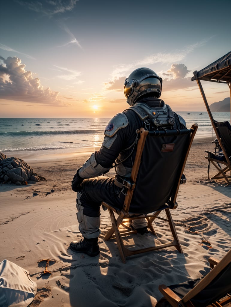An astronaut sitting on a beach chair on a beautiful beach. With the sunset in the background.
