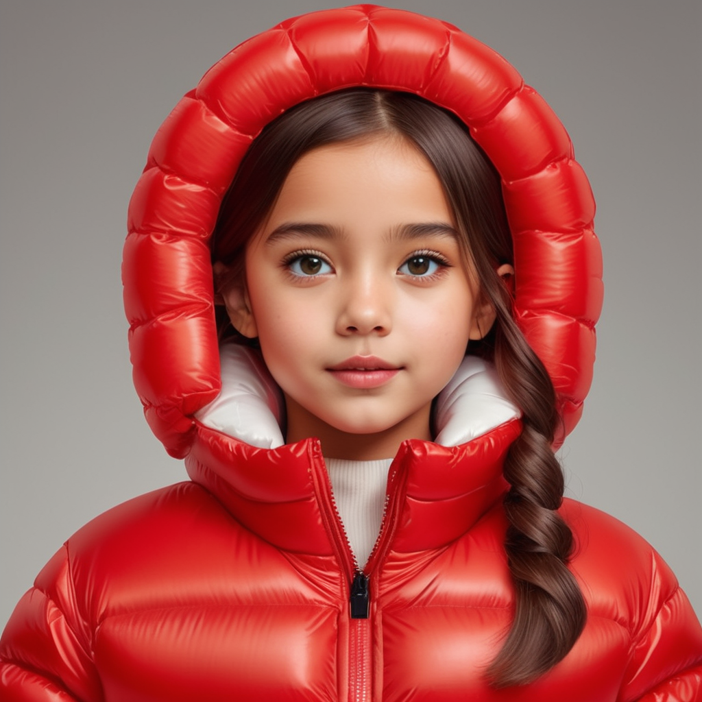 cute girl, dressed red inflatable puffer jacket, headshot, hyper realistic, vibrant colors