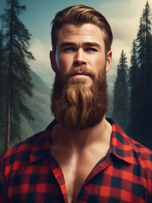 Portrait of Chris Hemsworth as a Canadian lumberjack, with a large beard and a plaid shirt, against the backdrop of a dense forest, bright saturated colors, Contrasting cinematic light