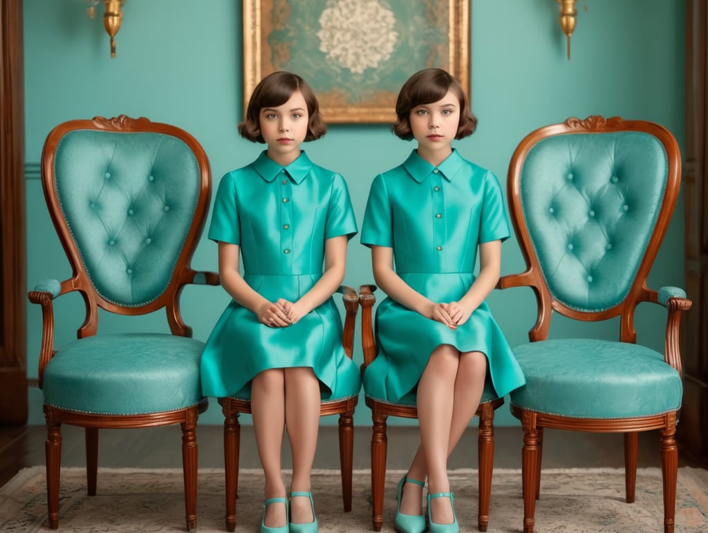 Vintage portrait of two young girls with short hair sitting in chairs, turquoise dress, Wes Anderson style, frontal view, symmetry, Incredibly high detail, Bright colors