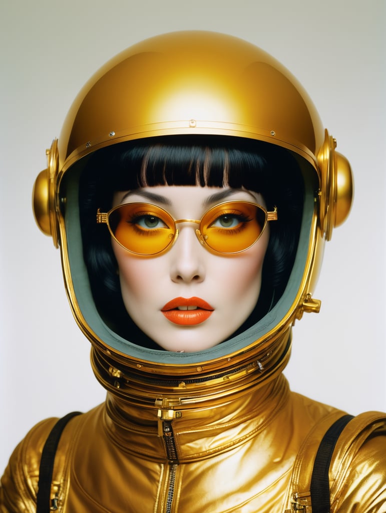 In 1998, abstract fashion photography captured a 1960s astronaut woman in a gold spacesuit with a large helmet and glasses. The art, created by Victor Moscoso and Bridget Riley, used Kodak Ektar 100 film. Carne Griffiths added a touch of magic with fluid art, while artists like Conrad Roset, Ilya Kuvshinov, Mark Fielding, and Zwy Studio emphasized high lights in the eyes. Sergio Lopez and Natalie Shau also contributed to the artwork.